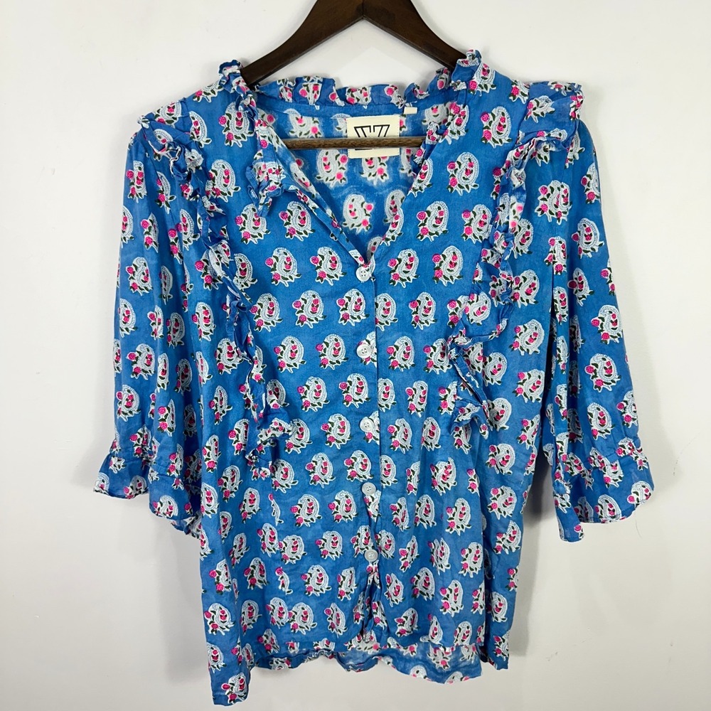 SZ Blockprints Hartley Top Womens Medium Blue Ruffle Paisley‎ Boho Cottage Folk